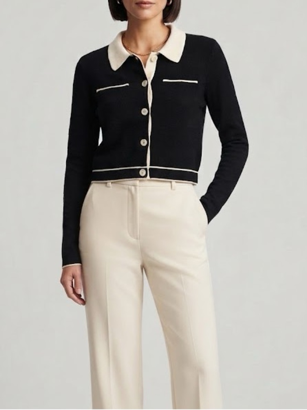 Oak + Fort Black and Cream Button-Front Women's Sweater Cardigan